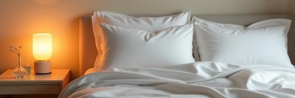 A serene bedroom with soft lighting and comfortable bedding, emphasizing a peaceful sleep environment.