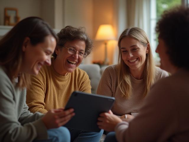 Diverse group of adults (35+) laughing and interacting respectfully during a virtual community session on a tablet.