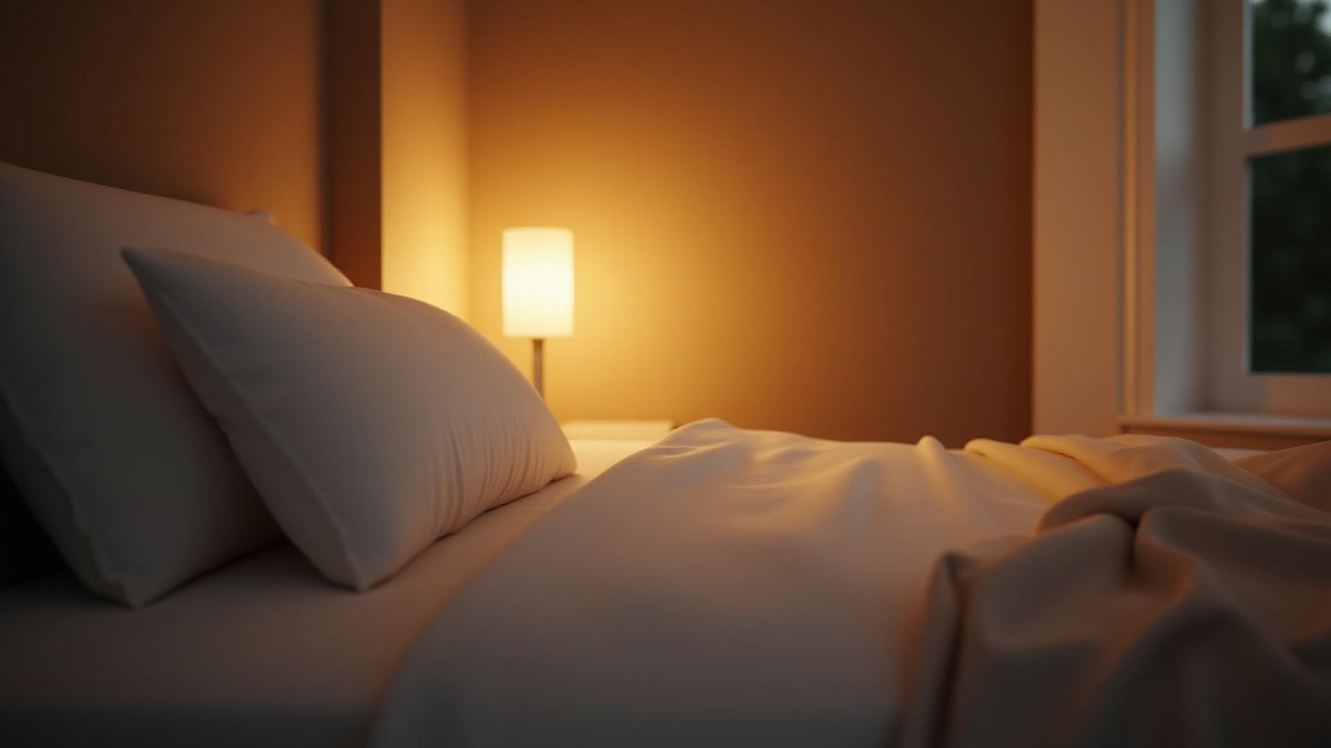 Serene bedroom at dusk, soft lighting, comfortable bed. A subtle light source casts a warm glow, inviting rest.