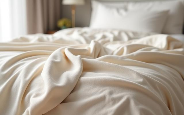 An aesthetically pleasing weighted blanket draped over a bed in a calm room.